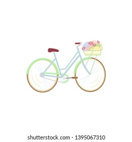 vector flat icon of female ladies' bicycle with a basket of flowers for a summer walk, a bike trip isolated on white background eps 10