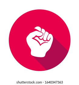 Vector flat icon fist "Protest". Sign with hand. Communication symbol. White hand with gesture on red round background isolated on white. Web button. Mood sticker. Modern illustration