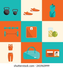 vector flat icon of fitness elements set woman design details equipments graphic