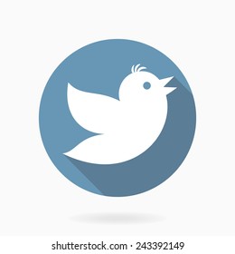 Vector flat icon with flying white bird in blue circle with long shadow