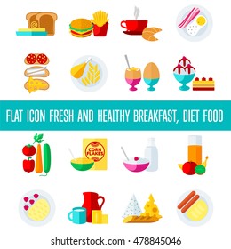 Vector flat icon fresh and healthy breakfast, diet food. Web design, web icon, food menu. Isolated on a white background.