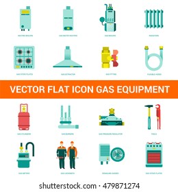 Vector flat icon gas equipment. Gas equipment and household appliances for the kitchen, bathroom and heating. Locksmith tool for gas equipment.