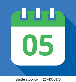 Vector flat icon of green calendar on blue background, appointment schedule marking day 05.