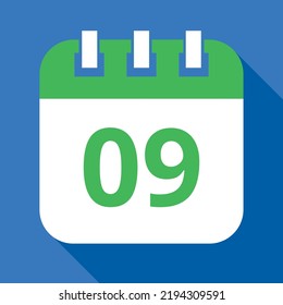 Vector flat icon of green calendar on blue background, appointment schedule marking day 09.