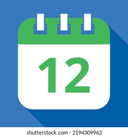 Icono vectorial plano del calendario verde sobre fondo azul, programación de cita marcando el día 12.