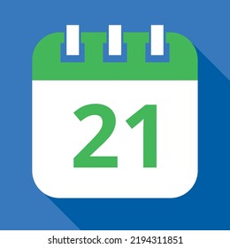Vector flat icon of green calendar on blue background, appointment schedule marking day 21.