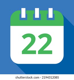 Vector flat icon of green calendar on blue background, appointment schedule marking day 22.