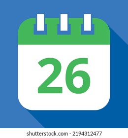 Icono vectorial plano del calendario verde sobre fondo azul, programación de cita marcando el día 26.