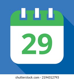 Icono vectorial plano del calendario verde sobre fondo azul, programación de cita marcando el día 29.