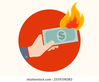 Vector flat icon of hand with cash in fire. Vector illustration of hand with dollar banknote in fire.