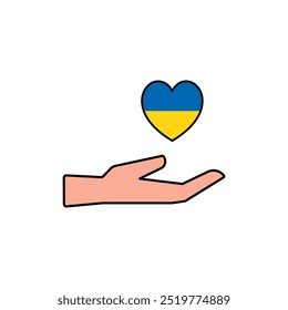 Vector Flat Icon Hand Hold Heart Flag de Ucrania. Detengan la guerra, oren y Asistencia. Donación, Icono de Voluntariado Lleno de Diseño.