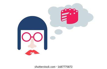 Vector flat icon hip girl dreaming cake on isolated white.