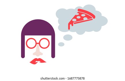 Vector flat icon hip girl dreaming pizza slice on isolated white.