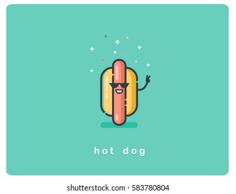 Vector Flat Icon Of Hot Dog Character With Sunglasses And Smile