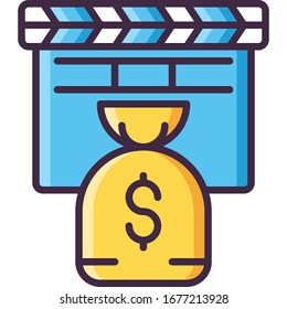 Vector flat icon illustration of action clapper and money bag. Film budget concept.