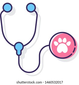 Vector flat icon illustration of animal checkup. A stethoscope with paw sign.
