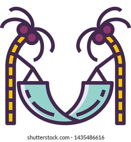 Vector flat icon illustration of beach hammock between two coconut trees. Tropical island vacation.