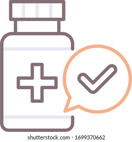 Icono vectorial de una botella de medicina con marca de verificación. Concepto de aprobación de vacunas.