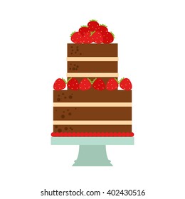 Vector flat icon illustration of cake. Cake for Happy birthday, party decoration or design menu with decoration of strawberry