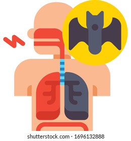 Icono plano vectorial de COVID-19 o coronavirus. Un murciélago y una enfermedad respiratoria humana. Concepto de vacuna y vacunación.