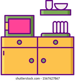 Vector flat icon illustration of coworking space pantry. Microwave, dishes, and cupboard.