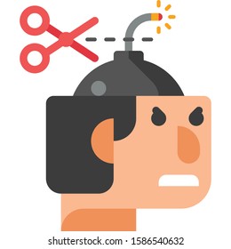 Vector flat icon illustration of cutting bomb wick in male head. Anger management concept.