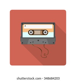A vector Flat Icon illustration of a damaged retro cassette tape. 
Damaged Retro Cassette Tape Icon Illustration. 
Vintage broken music tape from the 1980s.