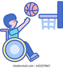 Vector flat icon illustration of disabled male athlete in wheelchair playing basketball