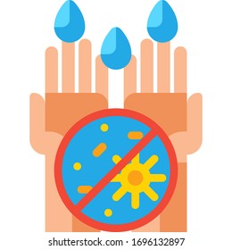 Vector flat icon illustration of disinfecting germs, viruses and bacteria by cleaning hands. Disinfection and disease prevention concept.