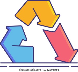 Vector flat icon illustration of downcycling. Process where unused products are used to produce new items of lesser quality. Circular economy and sustainability concept.