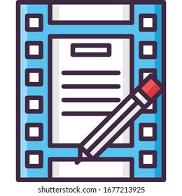 Vector Flat Icon Illustration Of Film, Script, And Pencil. Story Screenwriting Concept.