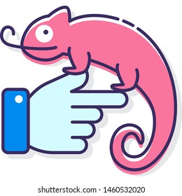 Vector Flat Icon Illustration Of Hand Holding Chameleon. Exotic Pet Vet Concept.