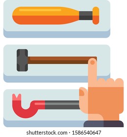 Vector Flat Icon Illustration Of Hand Choosing Tools For Destruction. Baseball Bat, Sledgehammer, And Crowbar. Rage Room Concept.