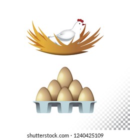 Vector flat icon illustration of hen and eggs. Colorful objects on a transparent background.
