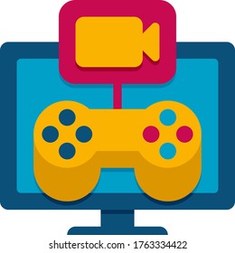 Vector flat icon illustration of a joystick controller and a screen. Live gaming stream concept.