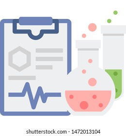 Vector flat icon illustration of lab report. A clipboard, flask and test tube.