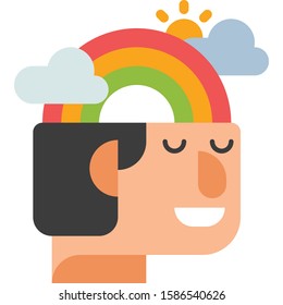 Vector Flat Icon Illustration Of Male With Rainbow In His Head. Stress Relief Concept.