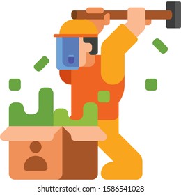 Vector Flat Icon Illustration Of Male Smashing Object In The Box. Break Your Own Stuff BYOS Rage Room Concept.