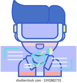 Vector flat icon illustration of a male using VR virtual reality headset for e-learning