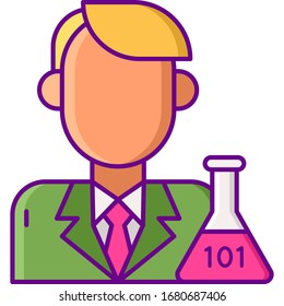 Vector flat icon illustration of male with erlenmeyer flask. Data scientist concept.