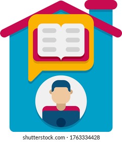 Vector flat icon illustration of male studying inside home. Distance learning concept.