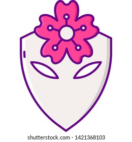 Vector flat icon illustration of a mask with flower on top. Sakura festival cosplay concept.