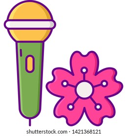 Vector flat icon illustration of a microphone and a flower. Sakura festival karaoke concept.
