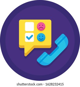 Vector flat icon illustration of phone survey. A speech bubble with emoticons. Customer feedback concept.