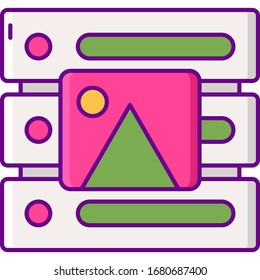 Vector flat icon illustration of server and a picture. Data visualization concept.