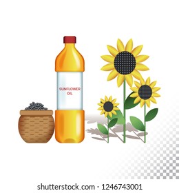 Vector flat icon illustration of sunflower, sunflower oil and sunflower seeds. Colorful objects on a transparent background.