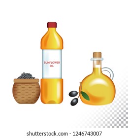 Vector flat icon illustration of sunflower oil, olive oil, sunflower seeds and olives. Colorful objects on a transparent background.