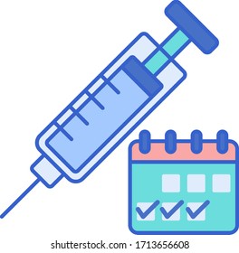 Icono plano vectorial de una jeringa y cajas de seguridad. Concepto del programa de vacunación estacional.