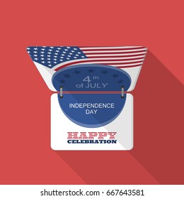 Vector flat icon of Independence Day calendar with dark blue label, date, american flag on the red background with shadow.