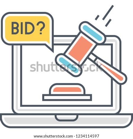 Vector flat icon of a judge gavel on laptop screen, online auction concept illustration